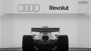 Audi F1 car with Revolut branding racing in Formula One championship