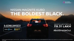 Nissan Magnite Kuro Edition showcasing all-black design under starry night sky in Ladakh