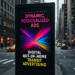 Digital out-of-home transit advertising screen with dynamic, personalized content in an urban setting