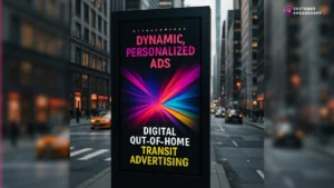 Digital out-of-home transit advertising screen with dynamic, personalized content in an urban setting