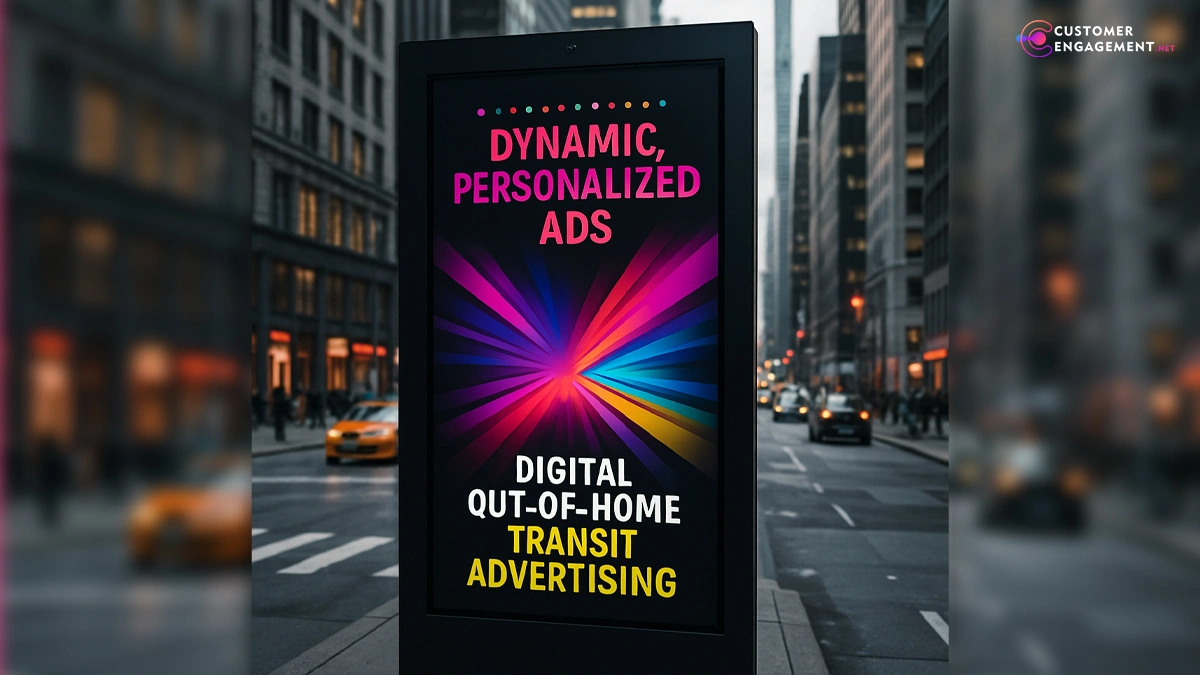 Digital out-of-home transit advertising screen with dynamic, personalized content in an urban setting