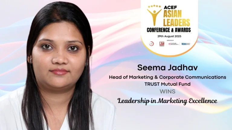 Seema Jadhav receiving Leadership in Marketing Excellence award at 14th ACEF Asian Leaders Summit & Awards 2025